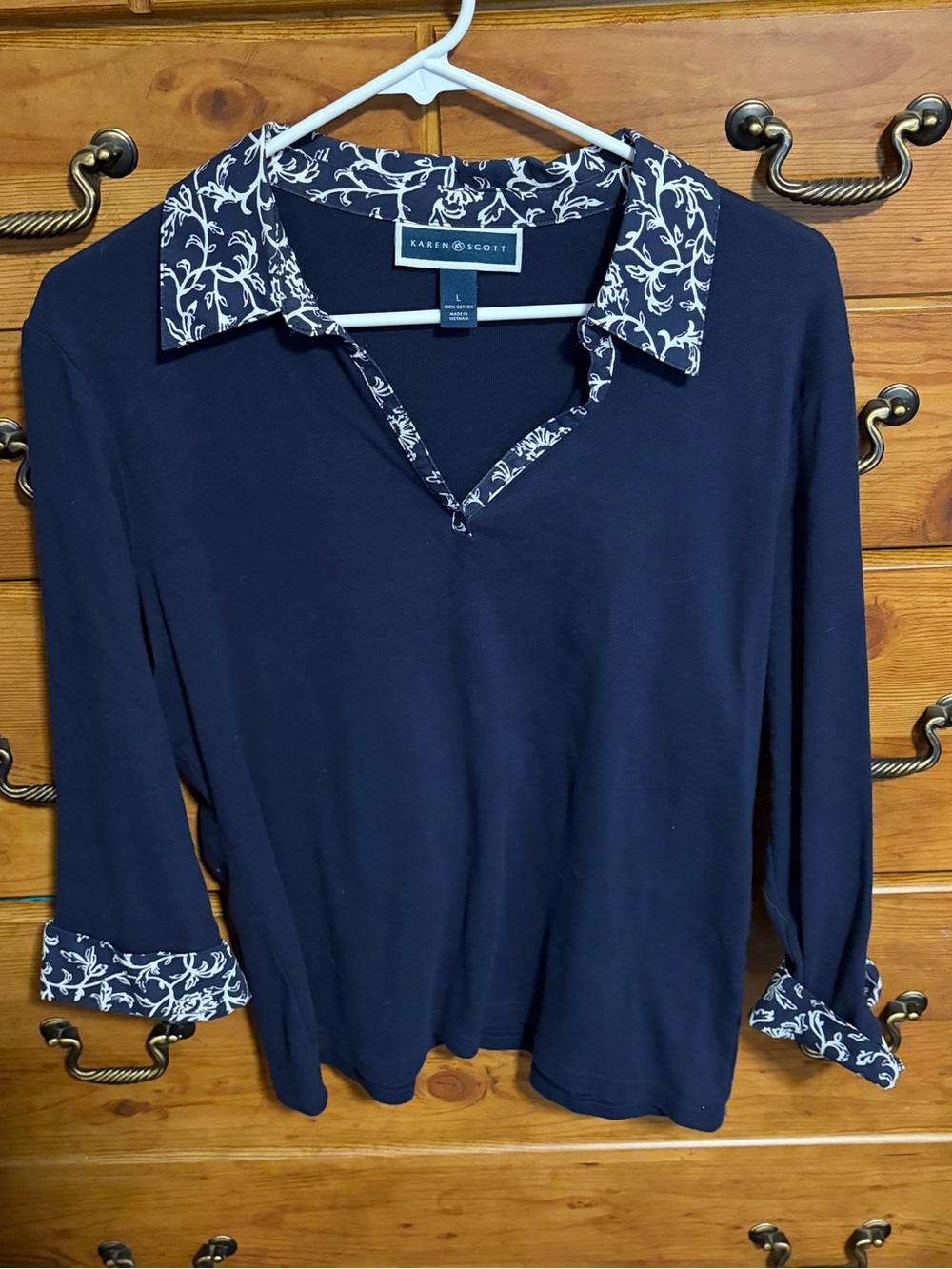 Karen Scott Navy Blue Long Sleeve Crewneck Sweater with Printed Collar